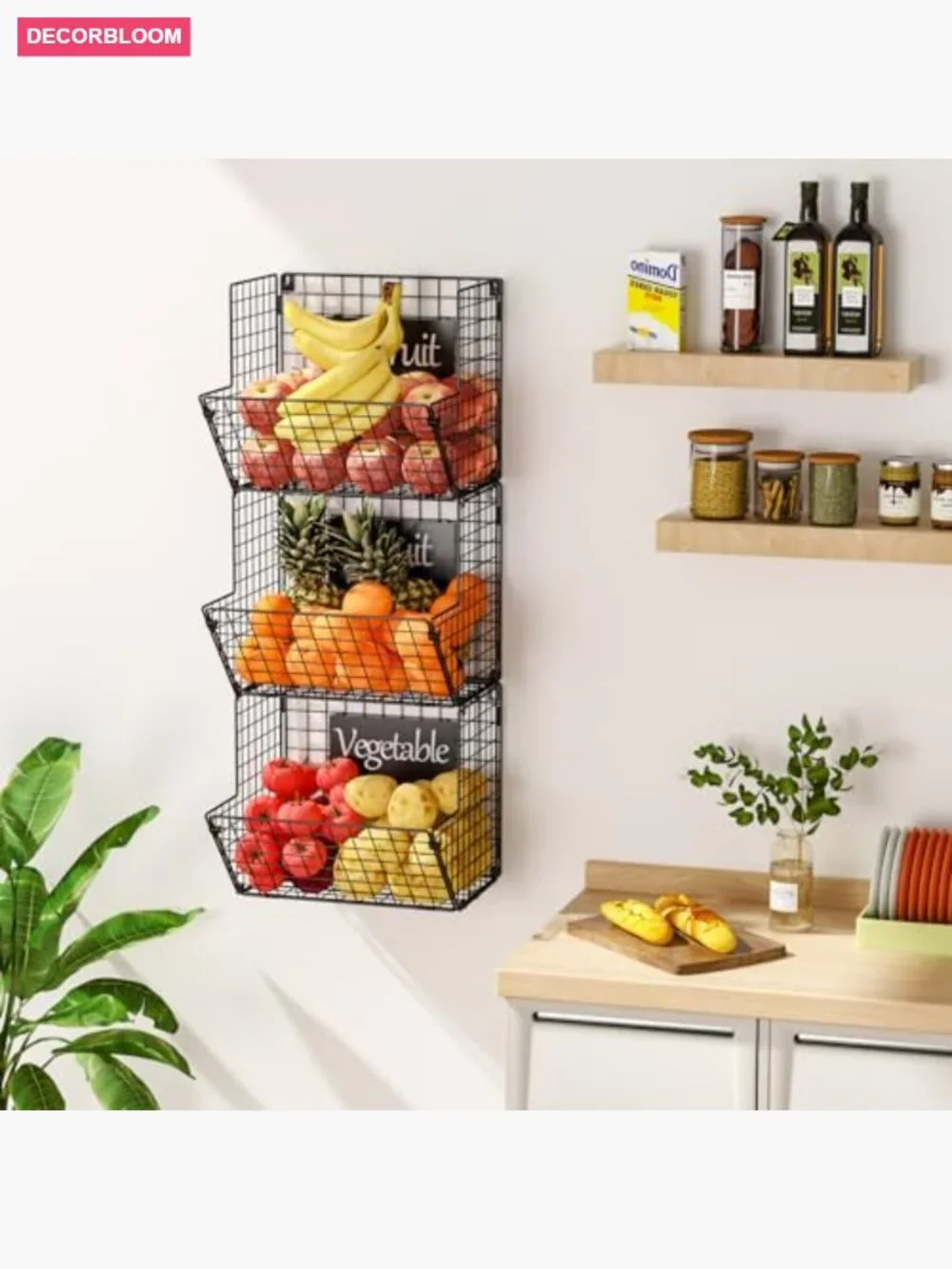 3-Tier Wall Mounted Wire Basket with Hooks and Chalkboards Kitchen Storage